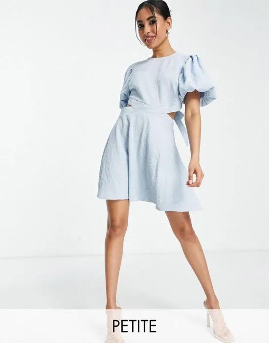 Petite textured cut out fit and flare mini dress in blue
