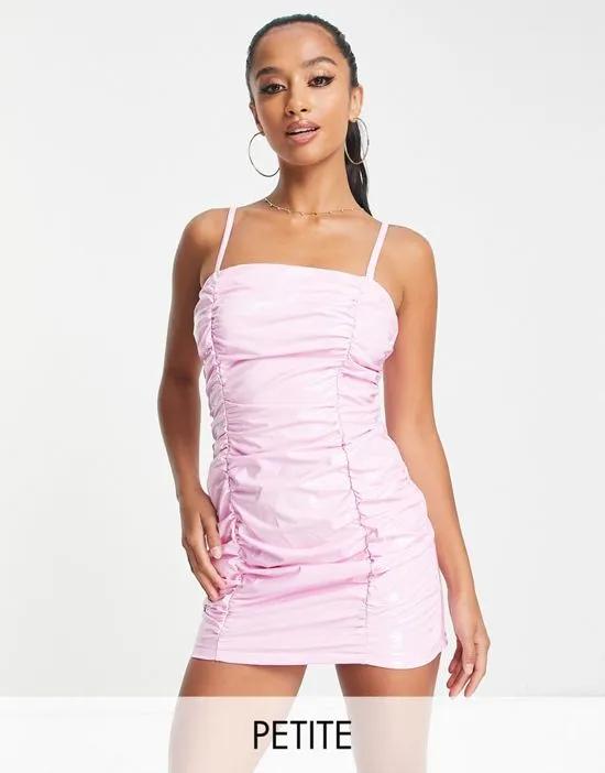 Petite vinyl ruched detail cami dress in pink
