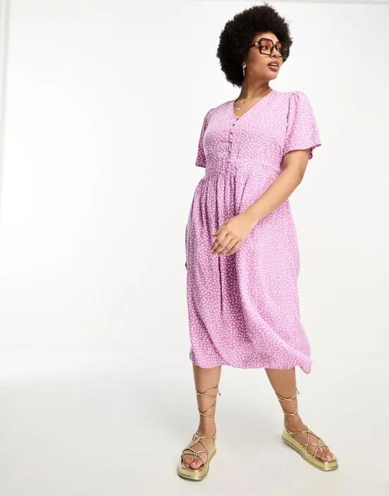 Pieces Curve button detail midi dress in pink dot
