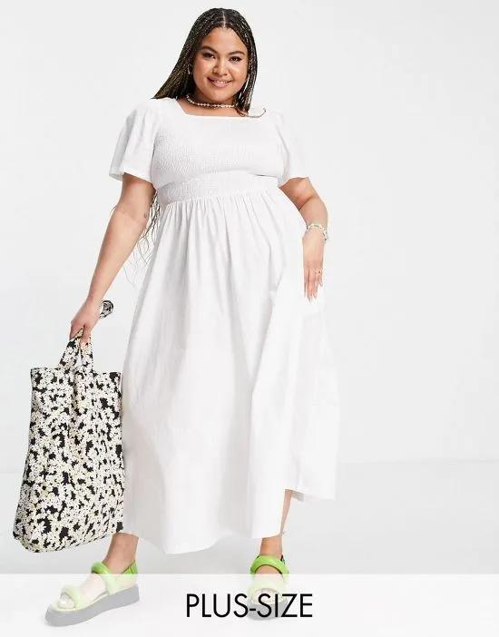 Pieces Curve cotton shirred maxi dress in white