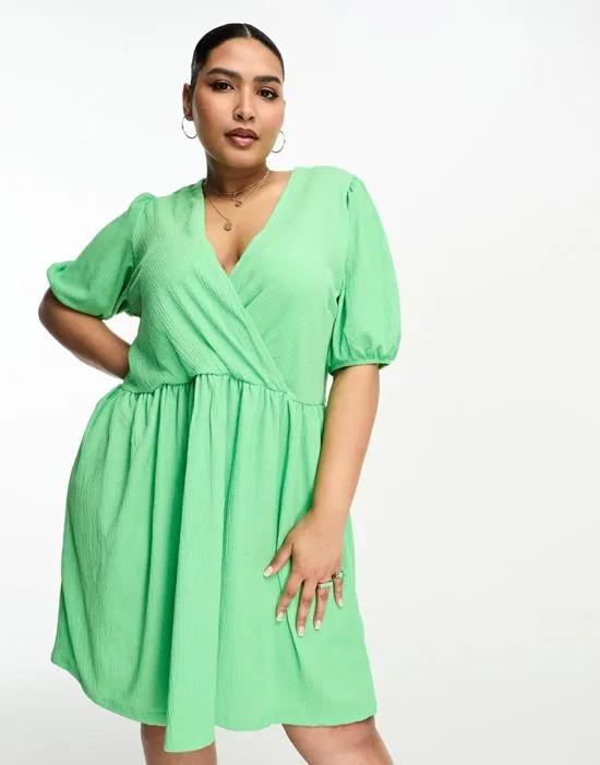 Pieces Curve Exclusive textured V-neck smock mini dress in bright green