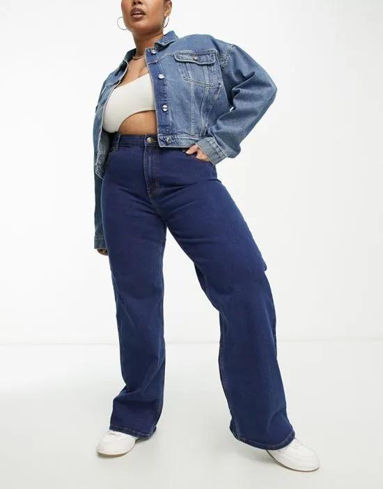 Pieces Curve Peggy high waisted wide leg jeans in dark blue
