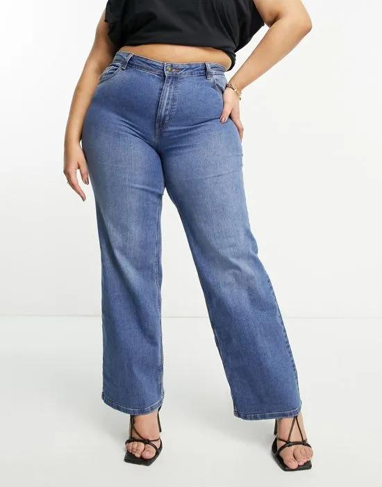 Pieces Curve Peggy high waisted wide leg jeans in medium blue