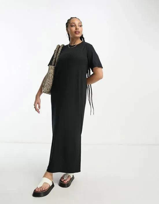 Pieces Curve ribbed maxi t-shirt dress in black