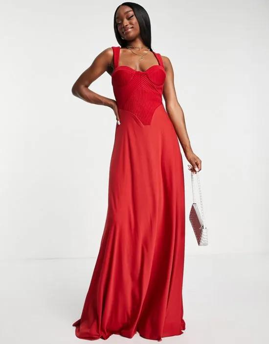 pintuck corset sweetheart maxi dress in red