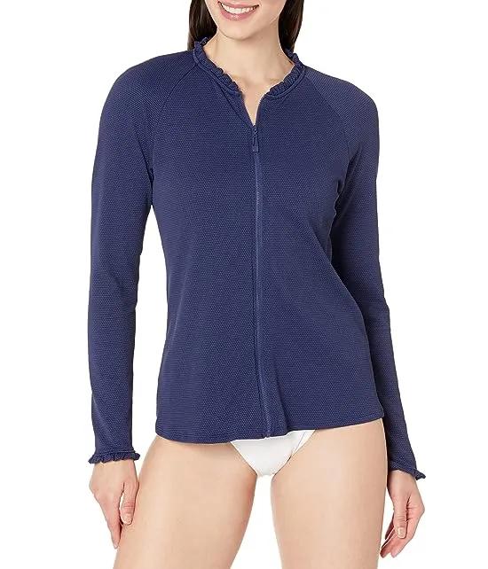 Pique Solid Long Sleeve Relaxed Fit Sun Guard with Ruffle Trim