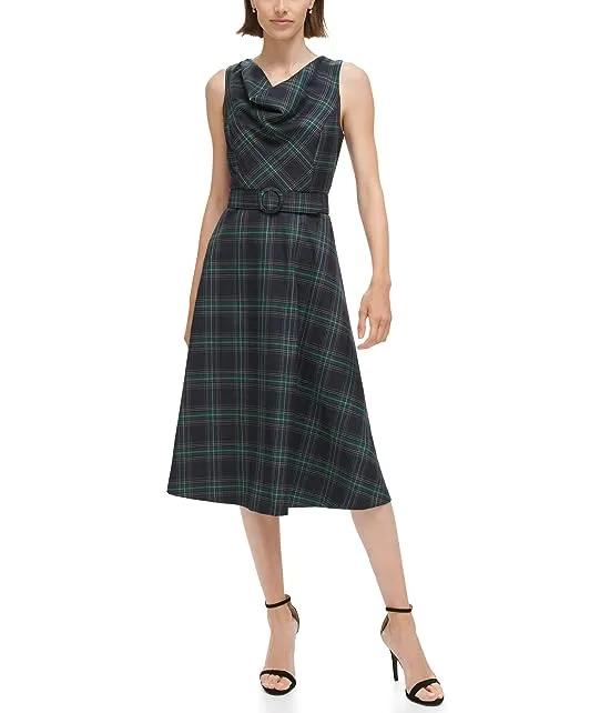 Plaid Cowl Neck Fit-and-Flare Belted Midi Dress