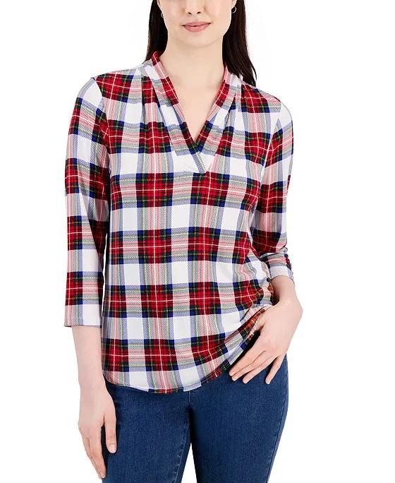 Plaid Pleated V-Neck Top, Created for Macy's