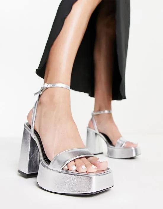 platform heeled sandal in silver