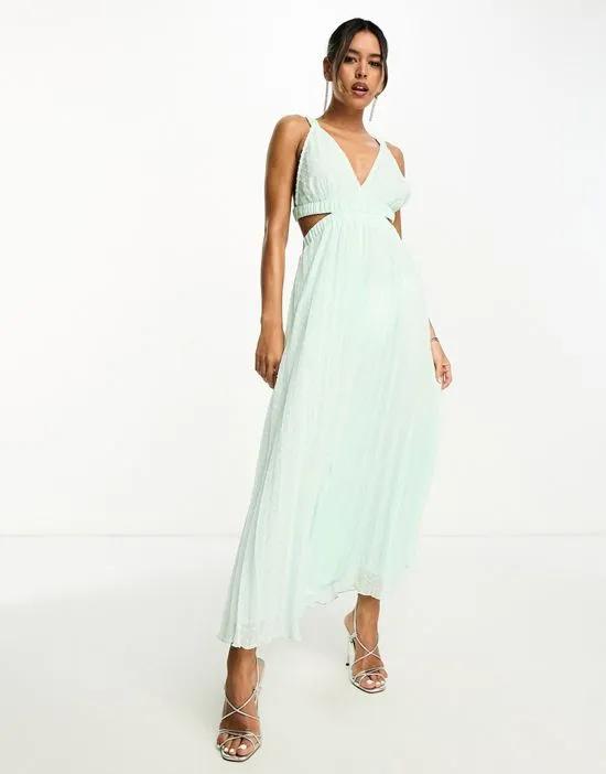 pleat plunge neck midi dress with elastic straps and back in apple green
