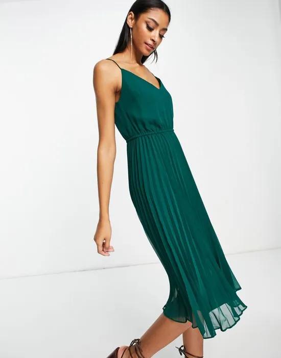 pleated cami midi dress with drawstring waist in forest green