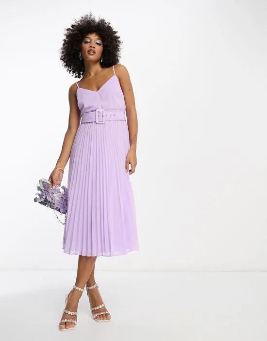 pleated cami midi dress with self-covered belt in Lilac