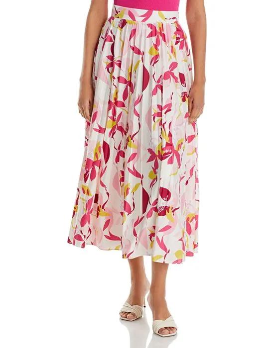 Pleated Floral Midi Skirt
