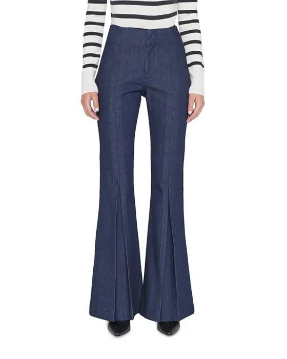 Pleated High Rise Long Flare Denim Trousers in Rinse