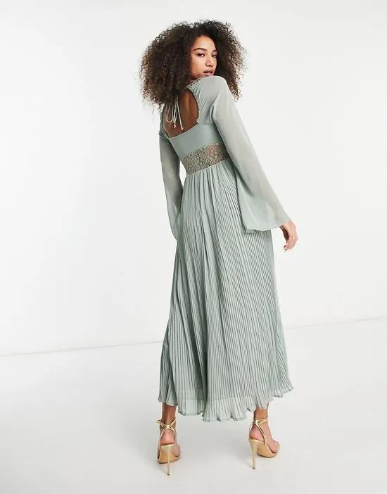 pleated maxi dress with lace insert waist and fluted sleeves in sage