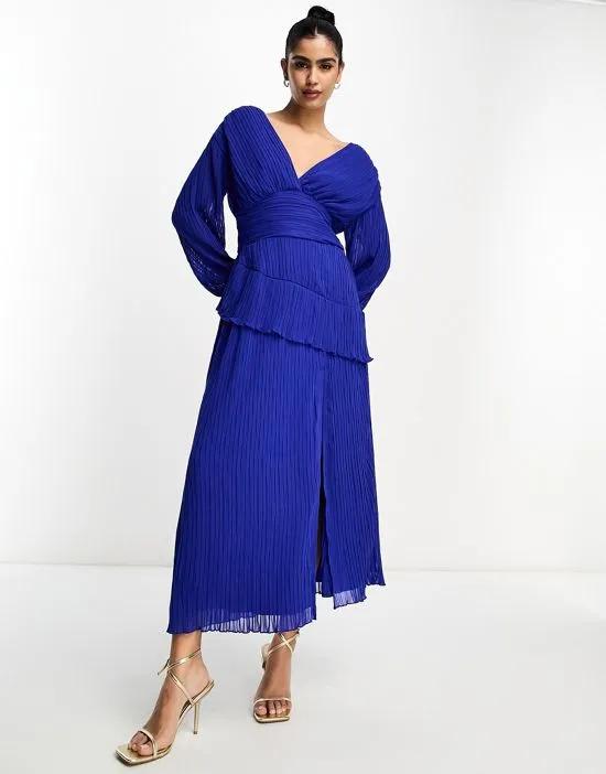 pleated midi dress with a belt in cobalt blue