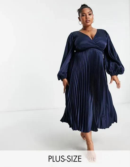 pleated satin midi dress with twist back detail in navy