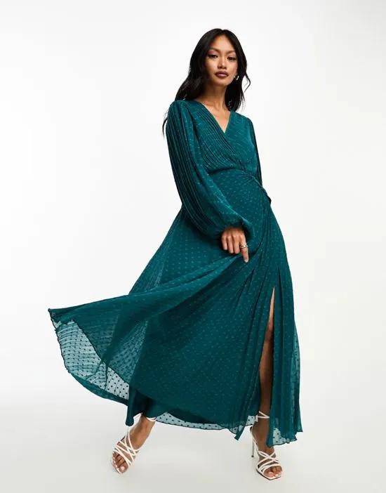 pleated textured chiffon wrap button detail maxi dress in pine green