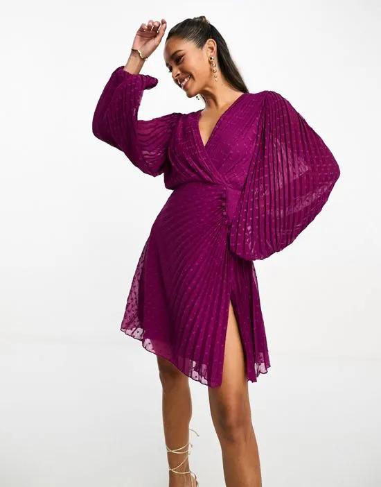 pleated textured chiffon wrap button detail mini dress in dark purple