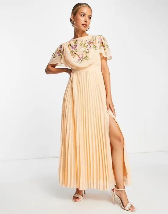 pleated textured cowl front embroidered maxi dress with belt in coral