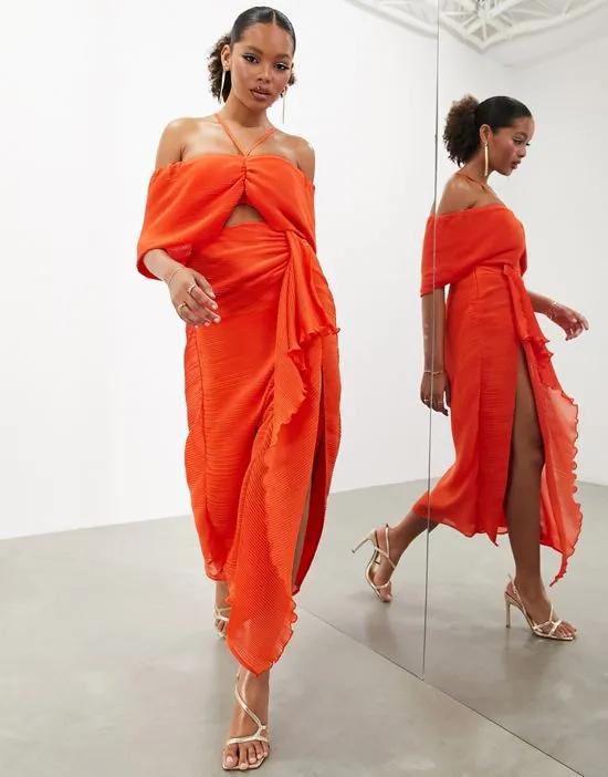 plisse bardot ruched detail maxi dress in orange