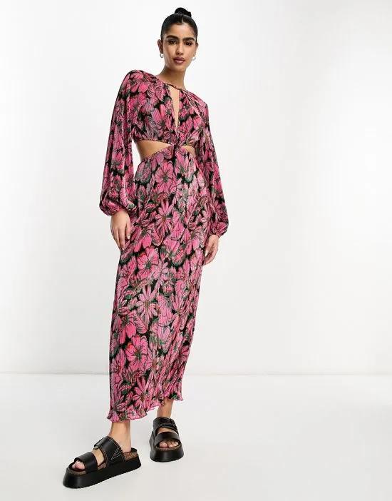 plisse volume sleeve maxi dress with cut outs in black and pink floral