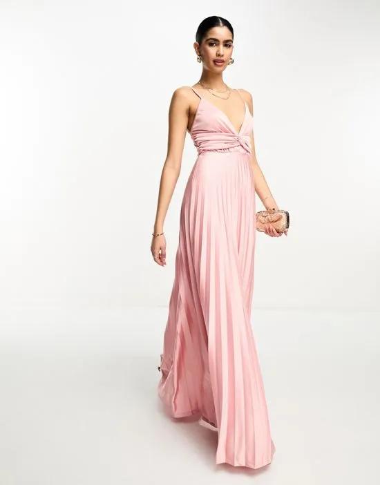 plunge cami waisted pleated maxi dress in rose gold