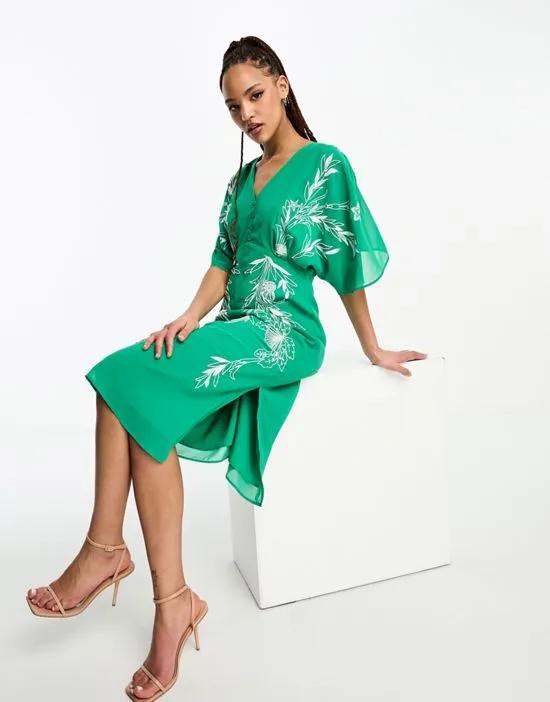plunge front embroidered midi dress in green