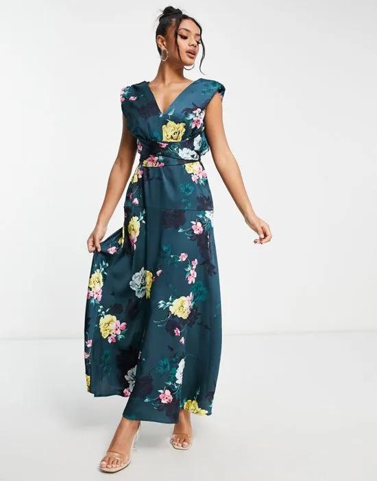 plunge front maxi dress in teal floral print