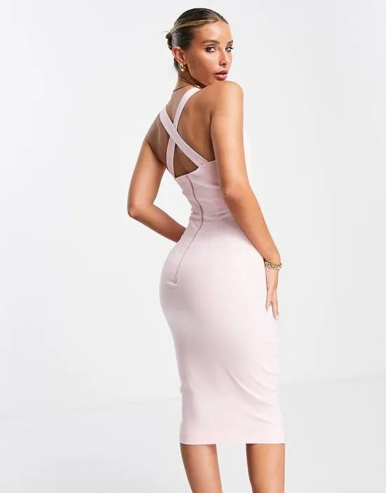 plunge front midi pencil dress in blush pink