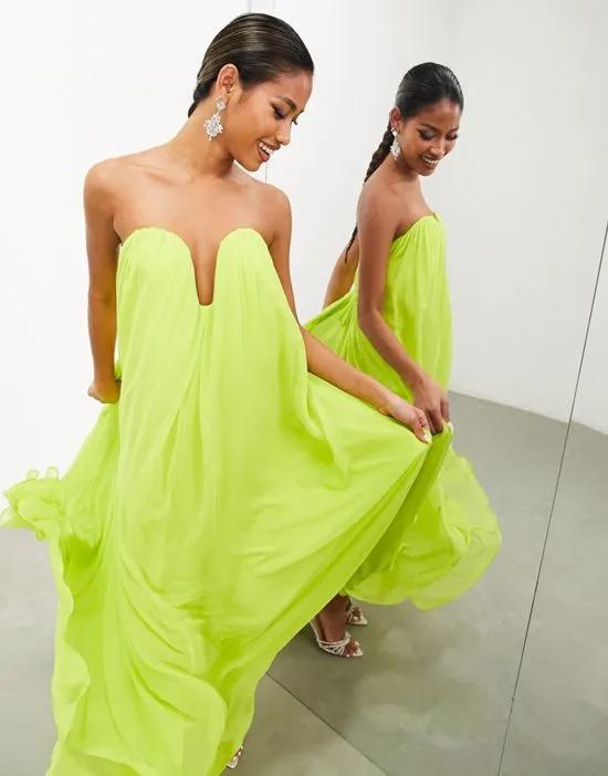 plunge front super full bandeau maxi dress in lime green