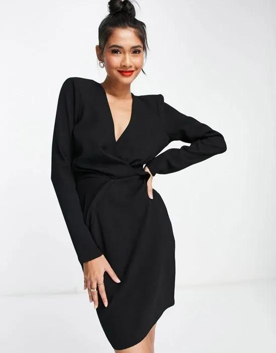 plunge shoulder pad twist front mini dress in black