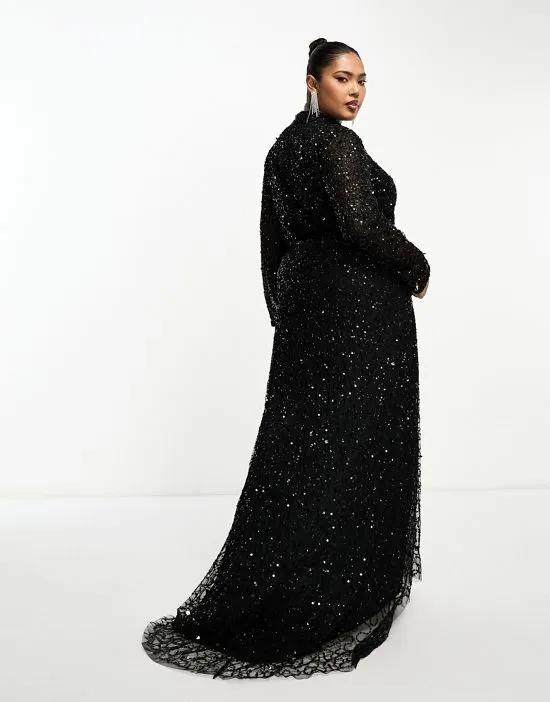 Plus allover embellished modest maxi dress in black
