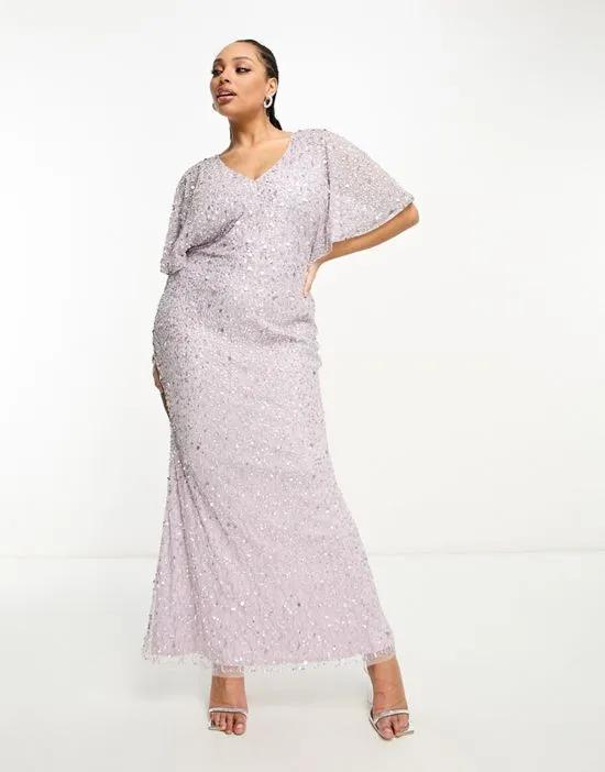 Plus Bridesmaid embellished maxi dress with flutter sleeve in lilac
