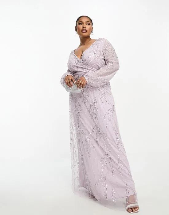 Plus Bridesmaid embellished wrap front maxi dress in lilac