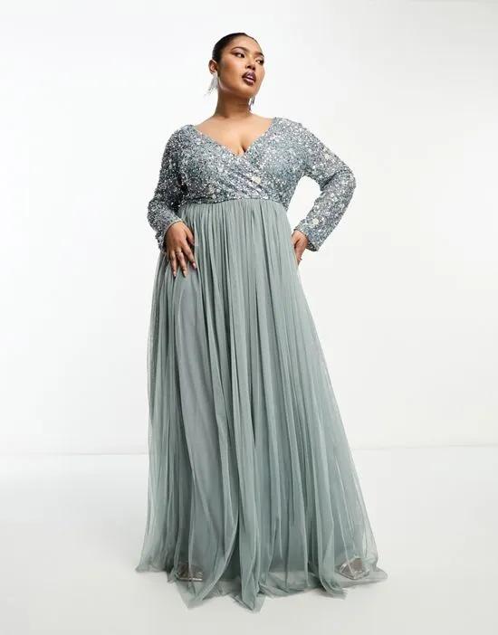 Plus Bridesmaid wrap front maxi dress with mutli colored embroidery and embellishment in misty green