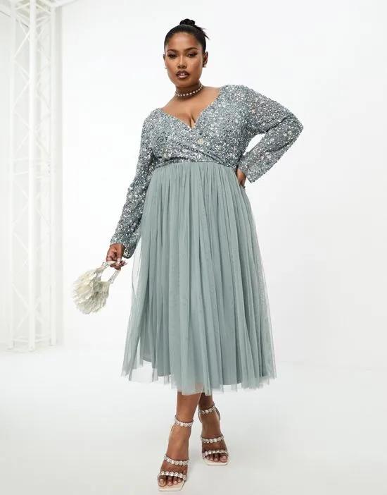 Plus Bridesmaid wrap front midi dress with mutli colored embroidery and embellishment in misty green