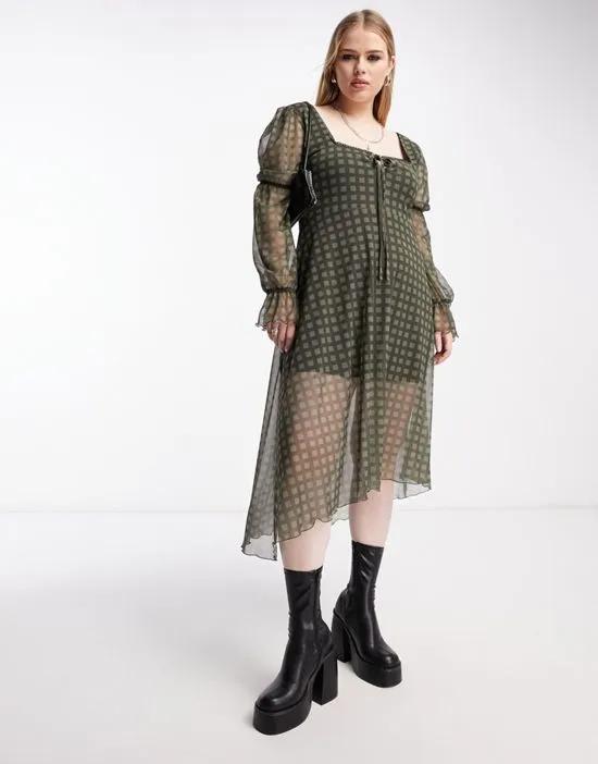 Plus long sleeve mesh midi dress in khaki gingham print