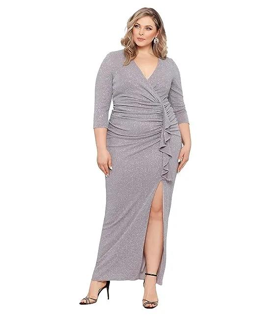 Plus Size 3/4 Sleeve V-Neck Rouched Glitter Gown
