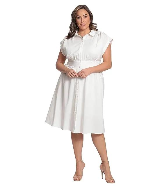 Plus Size Fit-and-Flare Belted Midi Dress with Collar and Center Front Placket