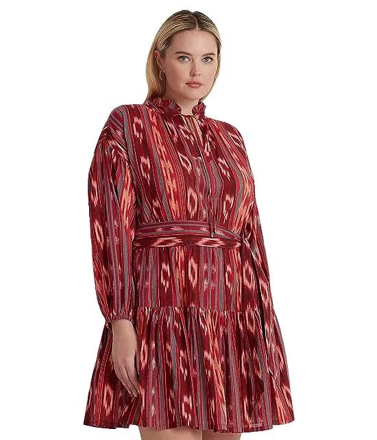 Plus Size Geo-Stripe Belted Cotton Voile Dress