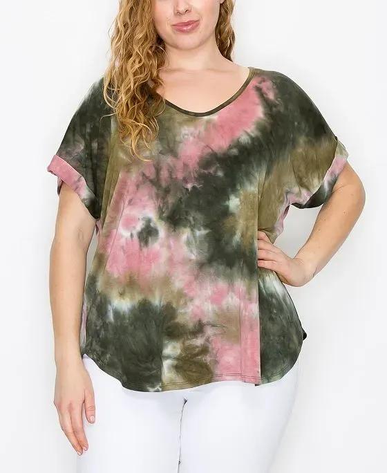 Plus Size Hand Tie Dye V-Neck Rolled Sleeve Top