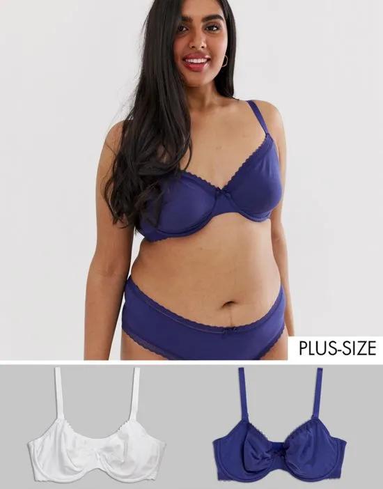 Plus Size Lila 2 pack non-padded bra with lace detail in white and navy