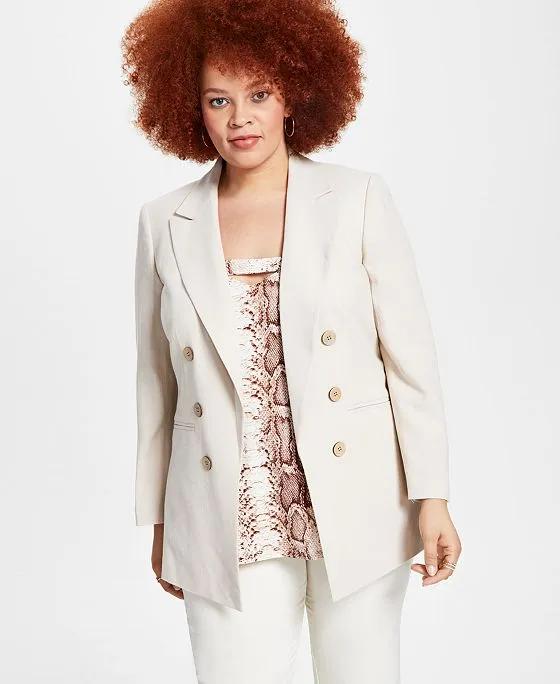 Plus Size Linen Faux-Double-Breasted Blazer, Created for Macy's