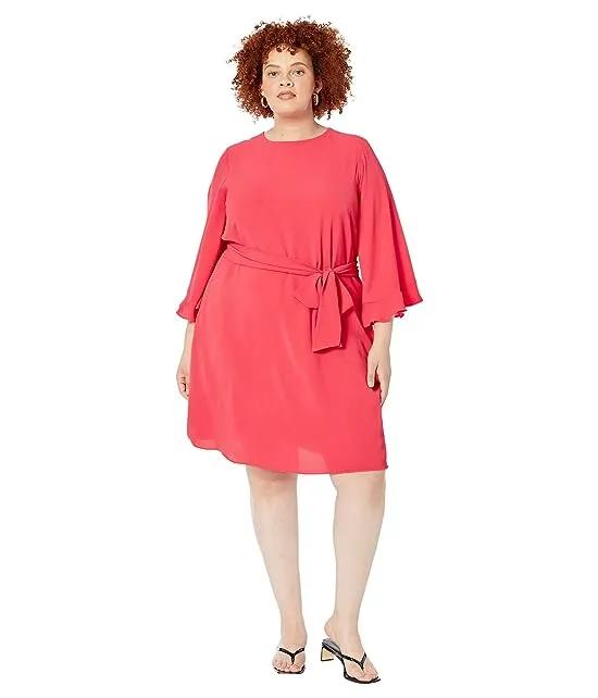 Plus Size Mini Dress with Long Bell Sleeves and Tie Waist