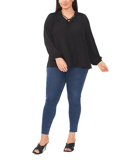 Plus Size Pleated Tie-Neck Long-Sleeve Top
