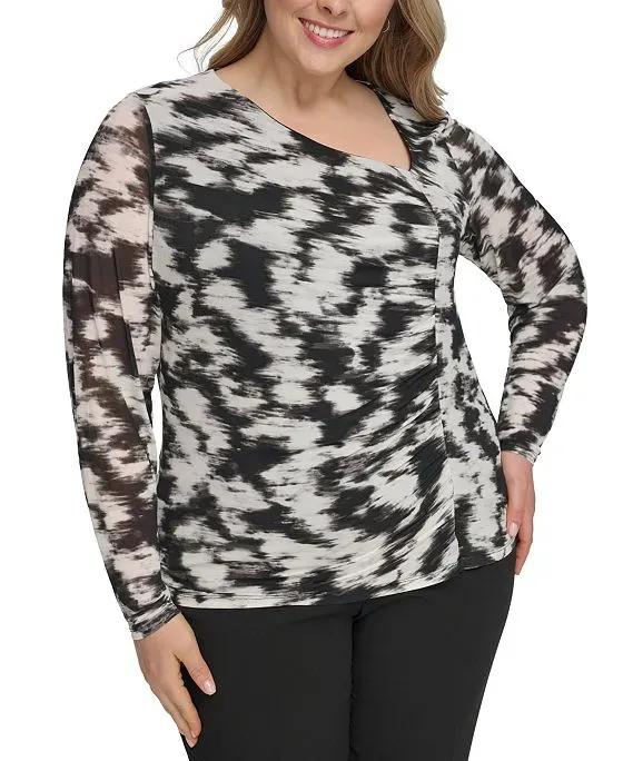 Plus Size Printed Asymmetric Ruched Top