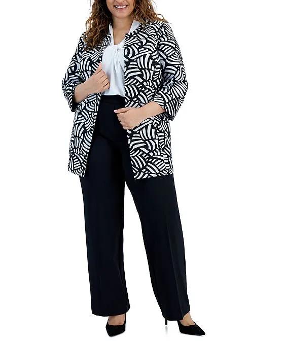 Plus Size Printed Open-Front 3/4-Sleeve Blazer