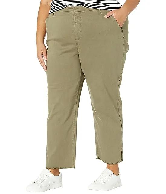 Plus Size Relaxed Stretch Twill Trousers with Fray Hem in Moss