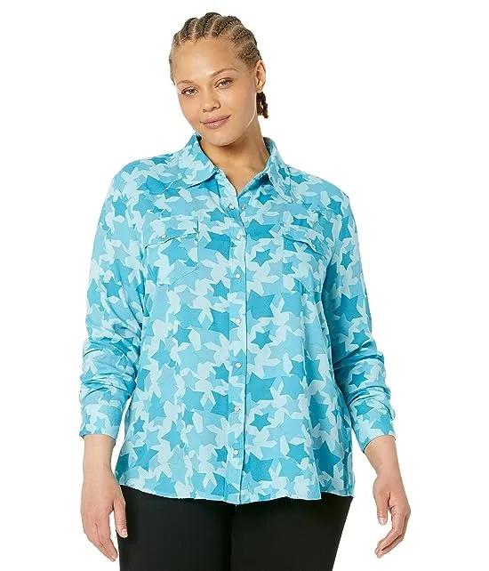 Plus Size Rodeo Star Printed Rayon Western Blouse w/ Snaps